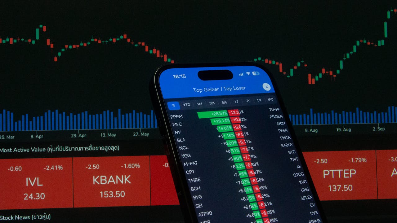 Smartphone with stock market data in front of financial chart.